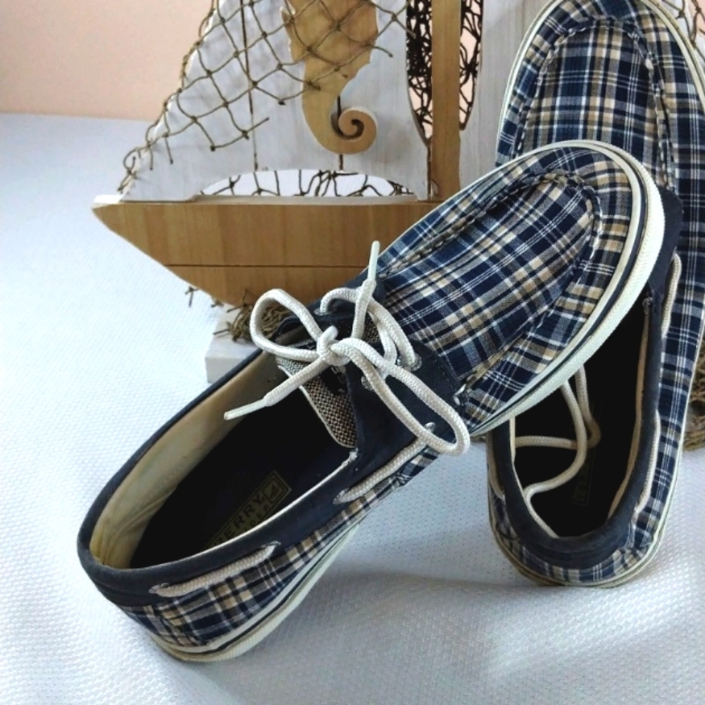 Sperry Navy and White Plaid Boat Shoes Canvas Mens 11.5 Top Sider Traction